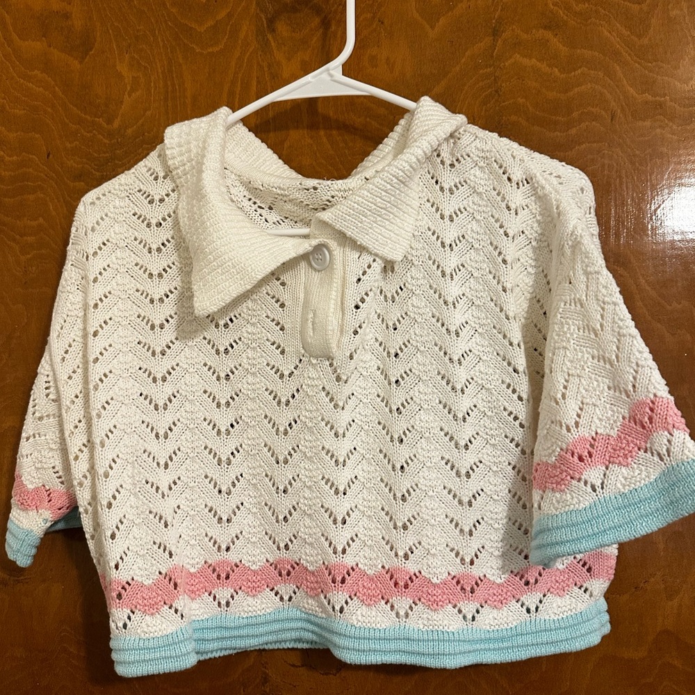 Women's Cream Knitted Sweater with Pink and Blue Accents